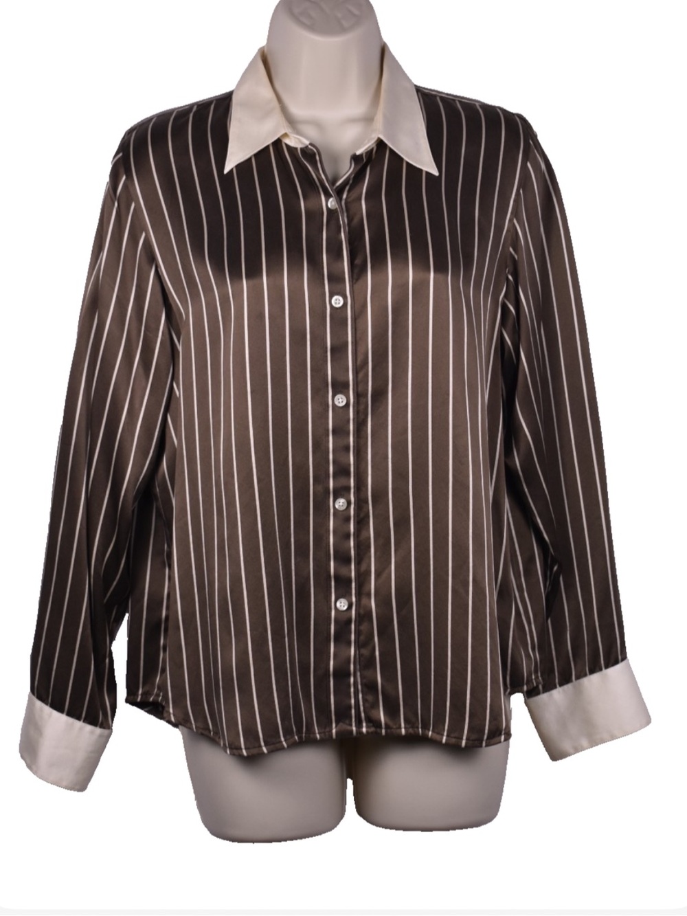 Lauren Ralph Lauren - 100% Silk - Brown Pinstripe Button Down with Cream Collar